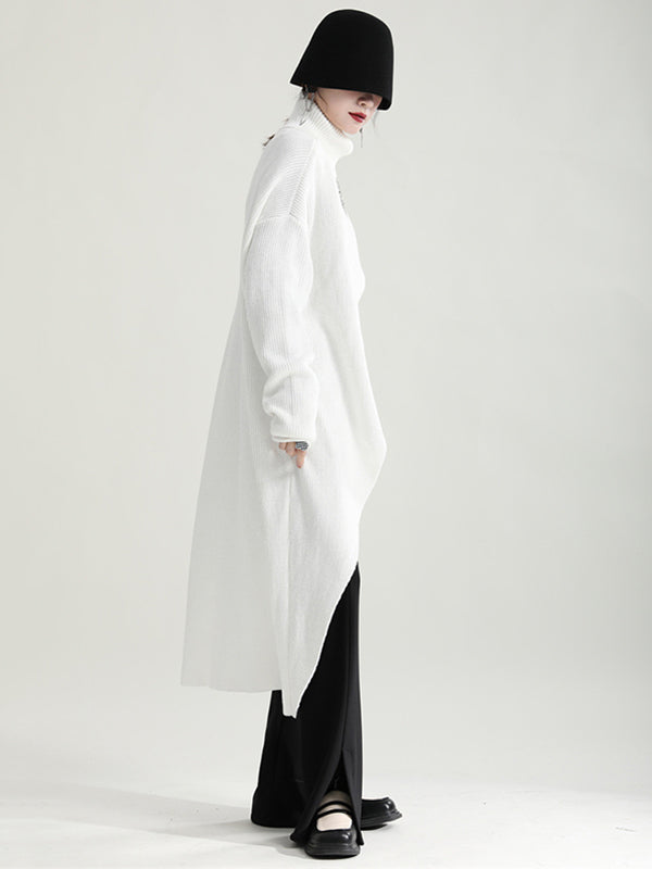 Original High-Low Asymmetric Knitting Dress High-Neck Sweater Dress