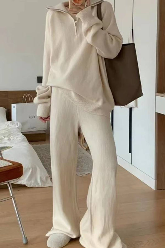 Casual Lapel Sweater and Wide-leg Pants Two-piece Suit