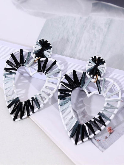 Geometric Coloured Lafite Handwoven Heart-Shaped Earrings