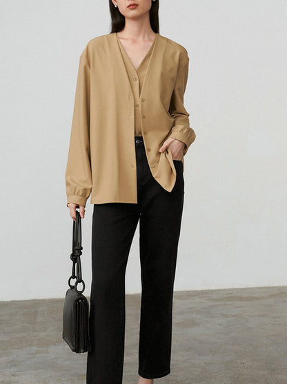 Solid Color V-Cut Double Layered Buttoned Retro Long Sleeves Blouses