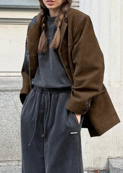 Brushed Velvet Suede Jacket Retro Lapel Style