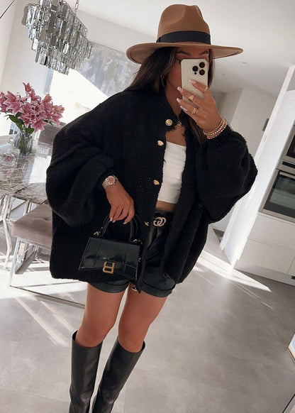 Oversized Button Front Knit Cardigan Beige Black