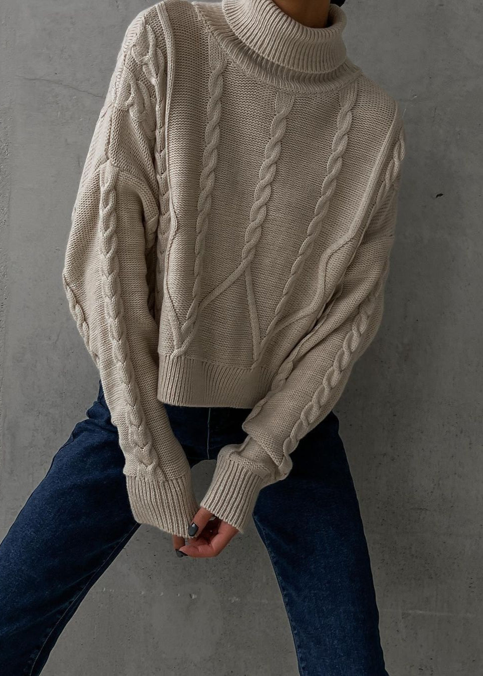 Cable Knit Cropped Turtleneck Sweater Chunky Knit