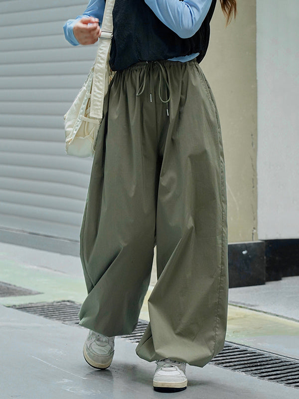 Loose Wide Leg Drawstring Elasticity Pleated Solid Color Split-Joint Casual Pants Bottoms
