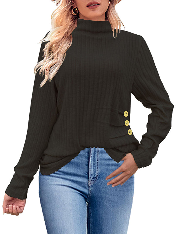 Long Sleeves Loose Buttoned Pleated Solid Color High Neck Pullovers Sweater Tops