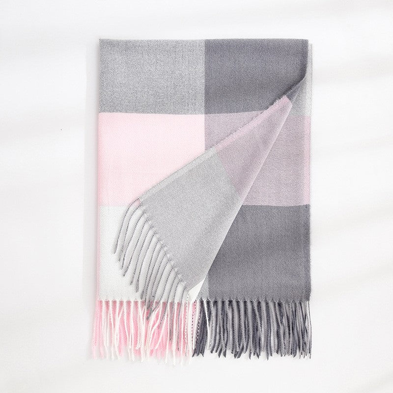 Imitated Cashmere Plaid Print Striped Tasseled Shawl Scarf