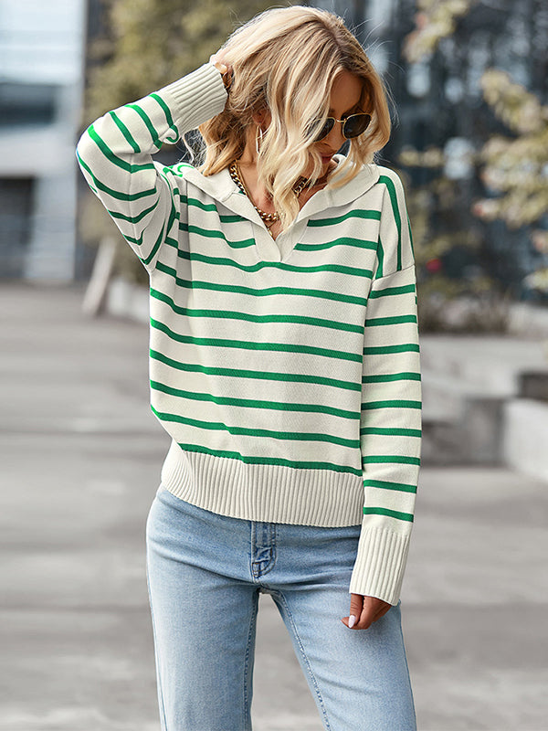 Casual Loose Striped Polo Sweater Top