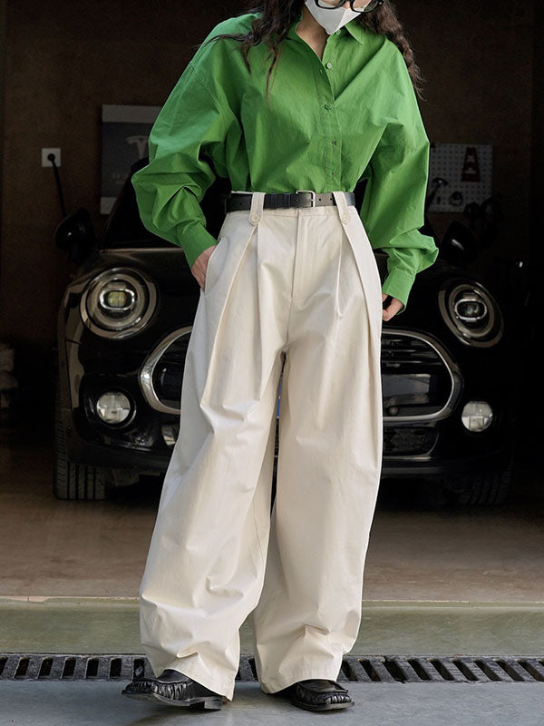High Waisted Loose Pleated Solid Color Casual Pants Bottoms Trousers