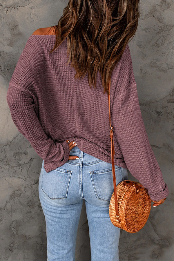 Dusk Blue Waffle Split V Neck Drop Shoulder Long Sleeve Top
