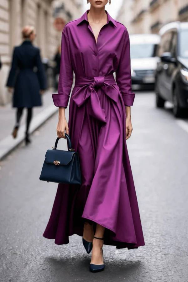 Elegant Long-sleeved Shirt-style Tie Maxi Dress