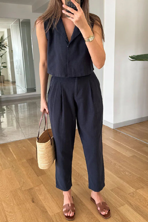 Casual Solid Lapel Vest \u0026 Pants Cotton Linen Two-piece Set
