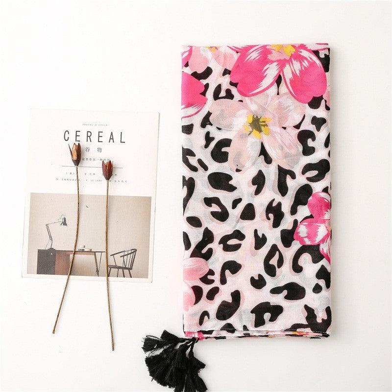 Tropical Plant Floral Leopard Contrast Scarf