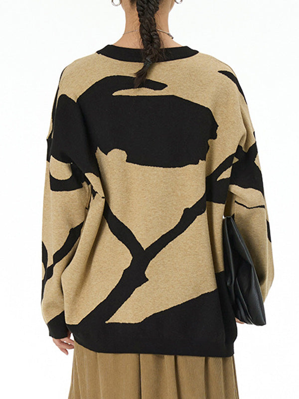 Long Sleeves Loose Contrast Color Velvet Round-Neck Pullovers Sweater Tops