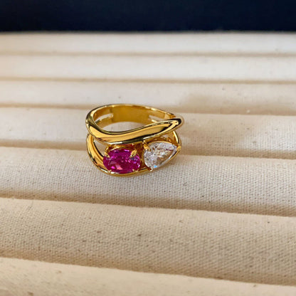 Wavy Double Color Diamond Open Rings