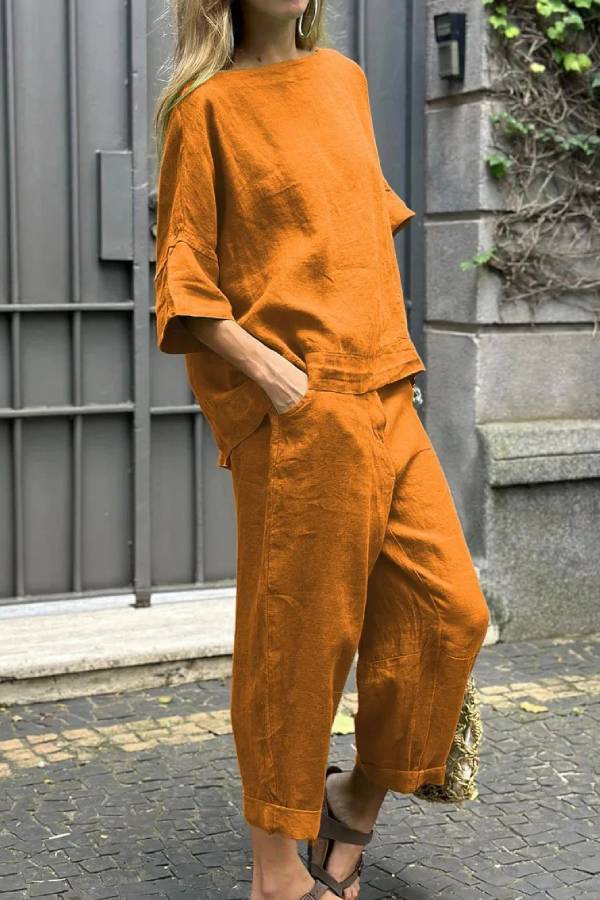 Casual Solid Color Crewneck Top \u0026 Pants Cotton Linen Two-piece Set