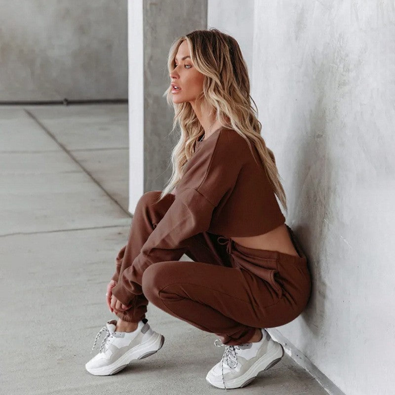 Long Sleeve High Waist Top Drawstring Pants Set