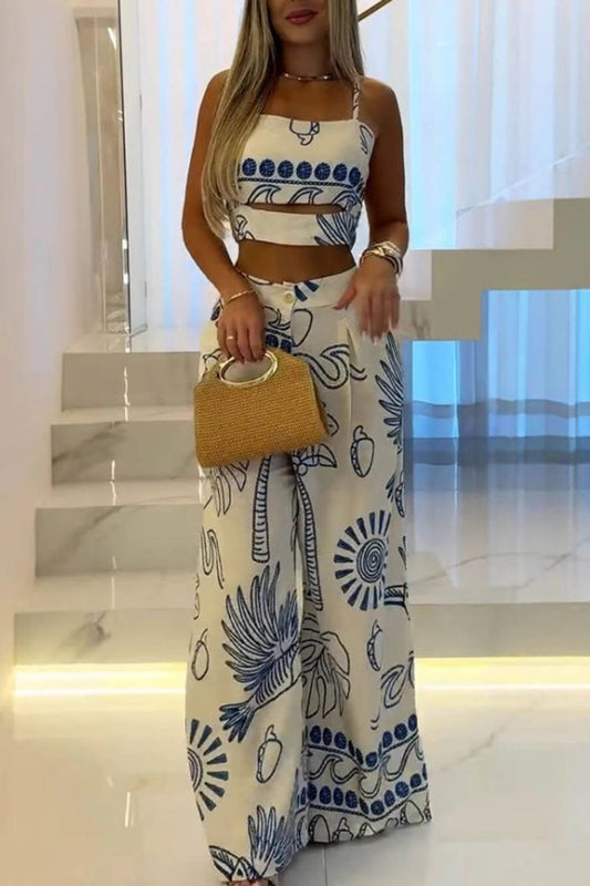 Elegant And Unique Ethnic Print Suspender Top And Wide-Leg Pants Set