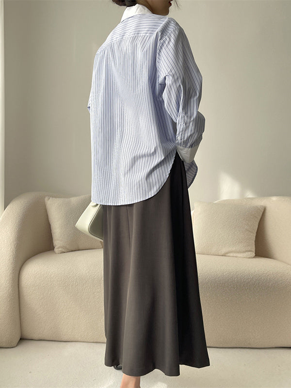 Irregular Clipping Pleated Split-Joint Striped Lapel Blouses