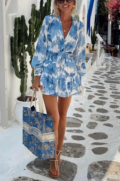 Summer Casual Printed Tie-Front Loose Top \u0026 Elastic Waist Shorts Set