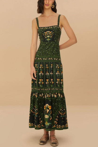 Tropical Look Linen Blend Floral Print Square Neck Back Smocked Midi Dress