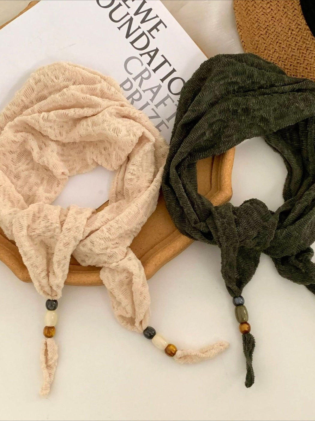 Scarvii - Korean Style Scarf Shawl with Wood Bead Trim