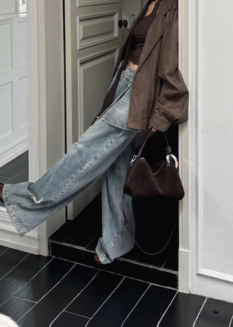 Suede Shoulder and Crossbody Bag With Leather Straps