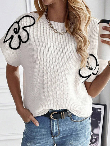 Loose Short Sleeves Knitted Flower Round-Neck Pullovers Sweater Tops