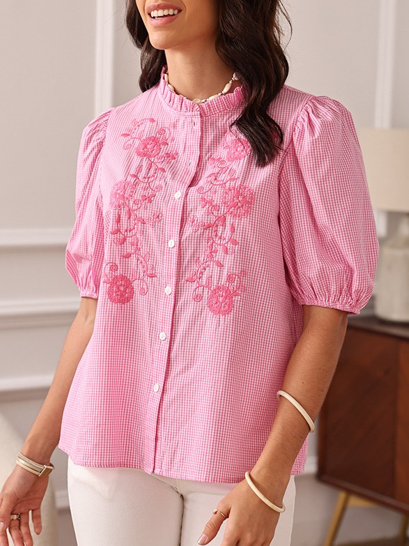 Plaid Floral Embroidered Ruffled Shirt
