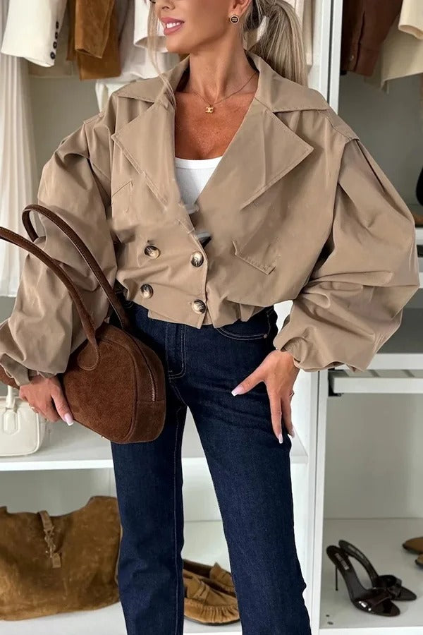 Fashion Style Button Long Balloon Sleeve Pocket Lapel Casual Bomber Jacket