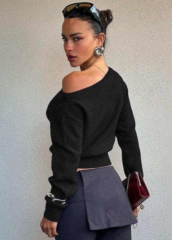 Off Shoulder Cropped Knit Sweater Soft Fabric