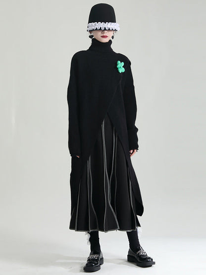 Original High-Low Asymmetric Knitting Dress High-Neck Sweater Dress