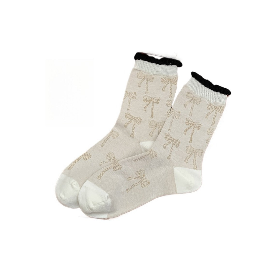 Rufia - Retro Doodle Bow Crew Socks - Sweet &amp; Stylish