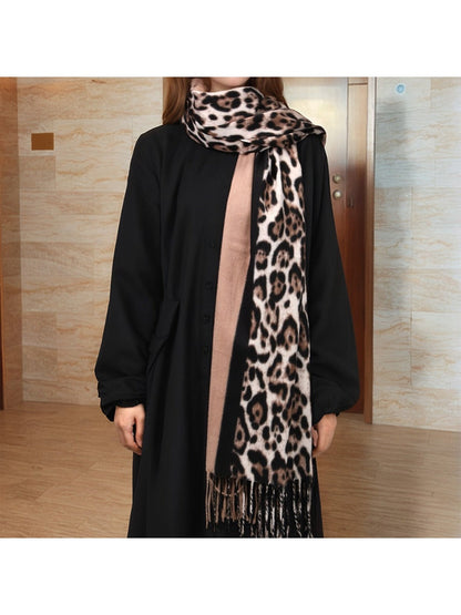 Sscarvii - Leopard Print Tassel Winter Scarf