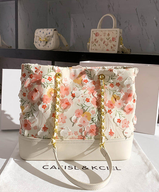 Original Design White Pink Flowers Faux Leather Shoulder Bag