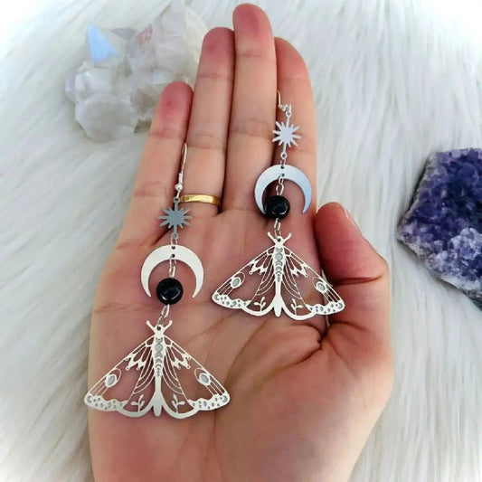 2 Pcs Fashion Moon Star Elegant Moth Insect Creative Bohemian Silver Color Copper Dangle Earrings Women Daily Party Gift Jewelry