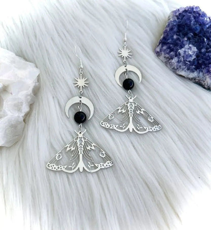 2 Pcs Fashion Moon Star Elegant Moth Insect Creative Bohemian Silver Color Copper Dangle Earrings Women Daily Party Gift Jewelry