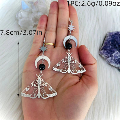 2 Pcs Fashion Moon Star Elegant Moth Insect Creative Bohemian Silver Color Copper Dangle Earrings Women Daily Party Gift Jewelry