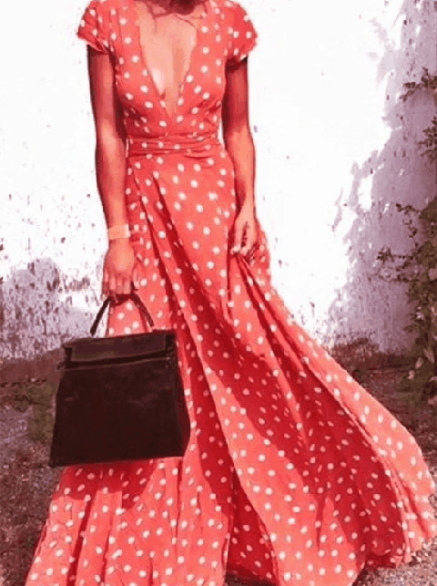 Women S Boho Polka Dots Deep V Neck Short Sleeve Maxi Dress