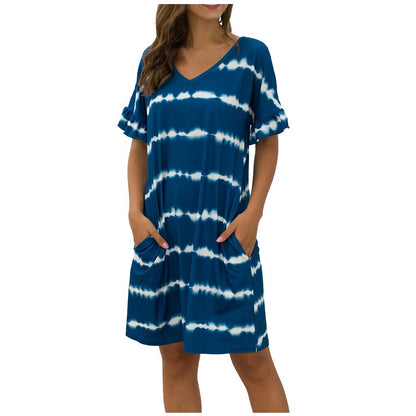Summer Women Short Sleeve Loose Wavy Stripes Mini Dress