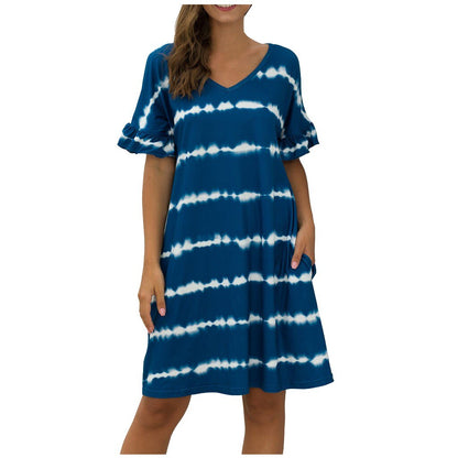 Summer Women Short Sleeve Loose Wavy Stripes Mini Dress