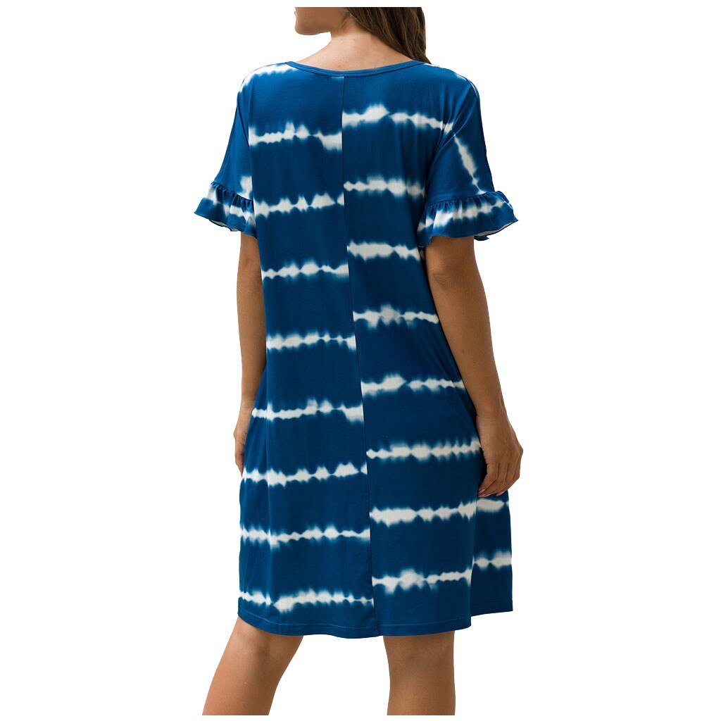 Summer Women Short Sleeve Loose Wavy Stripes Mini Dress