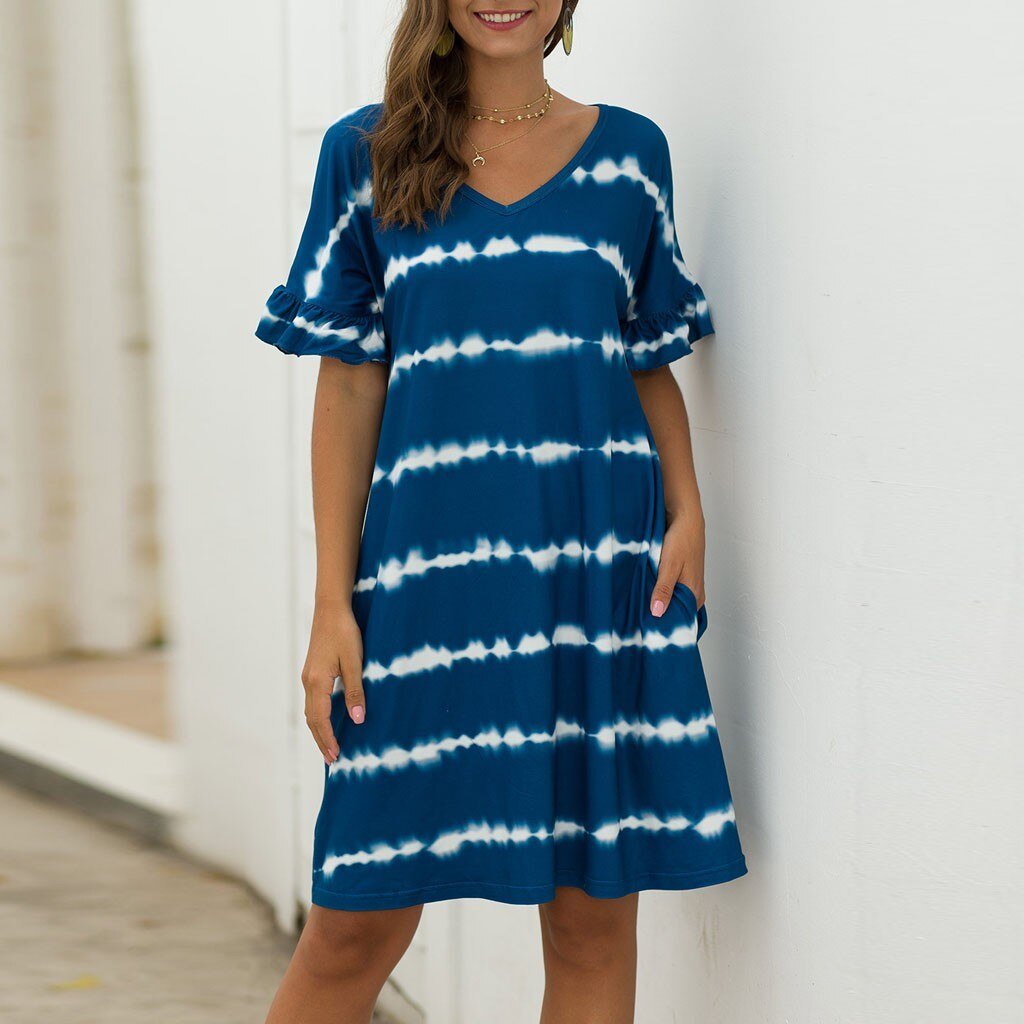 Summer Women Short Sleeve Loose Wavy Stripes Mini Dress