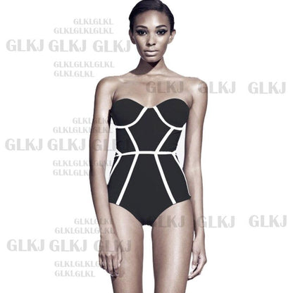 Classic Black&White Plus Size Swimwear One Piece Swimsuit Women Summer Beach Vintage Retro High Waist Bathing Suit Swim Dress Beachwear Black
