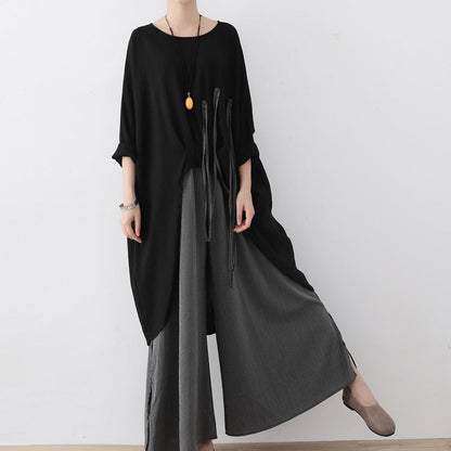 2025 fall black tasseled cotton shirts low high oversized blouses women tops