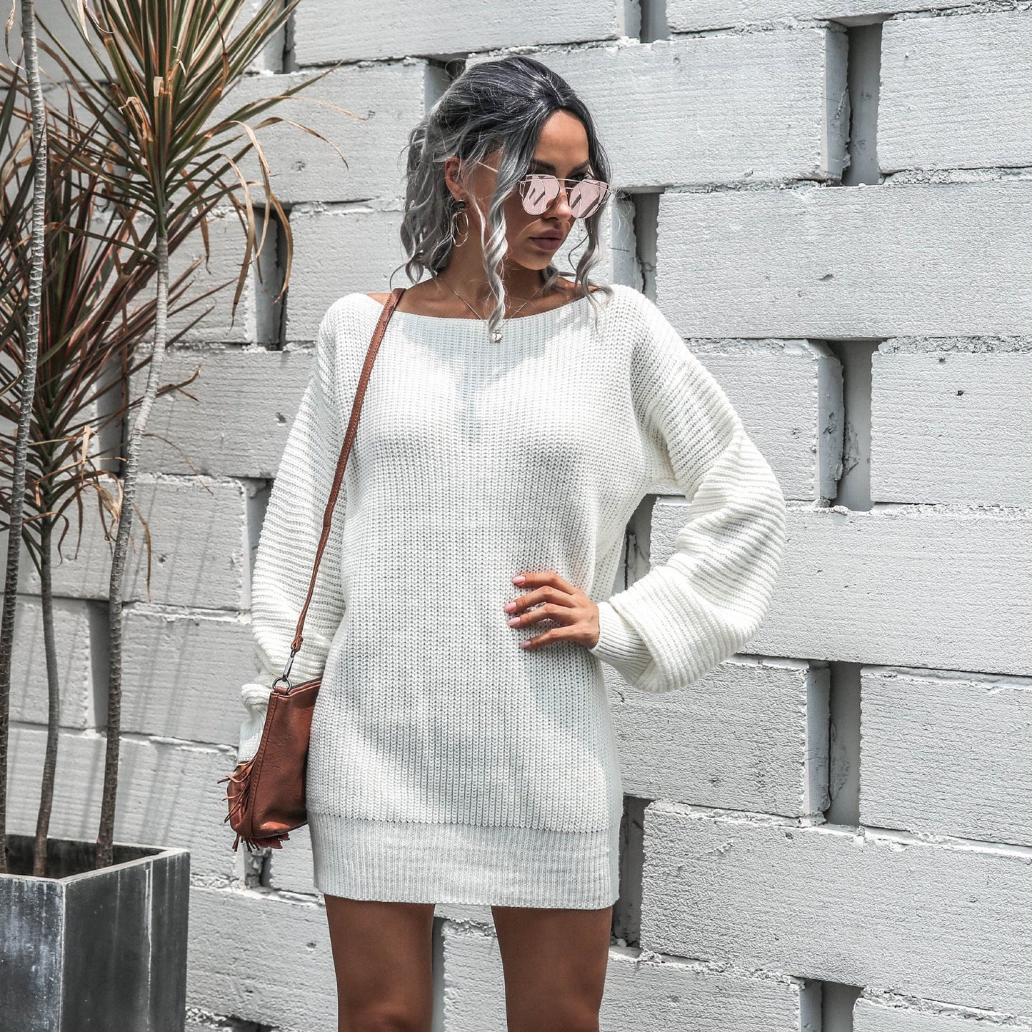 Autumn/Winter Casual Off-The-Shoulder Lantern Sleeve Knitted Sweater Dress