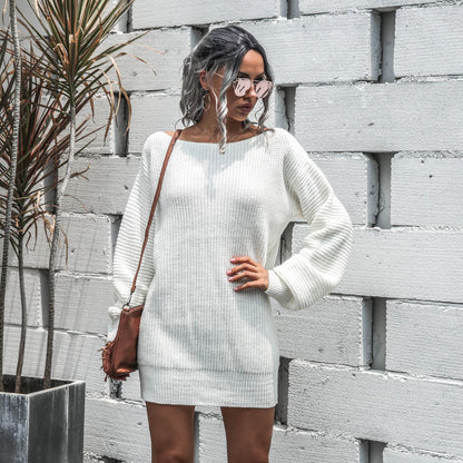 Autumn/Winter Casual Off-The-Shoulder Lantern Sleeve Knitted Sweater Dress