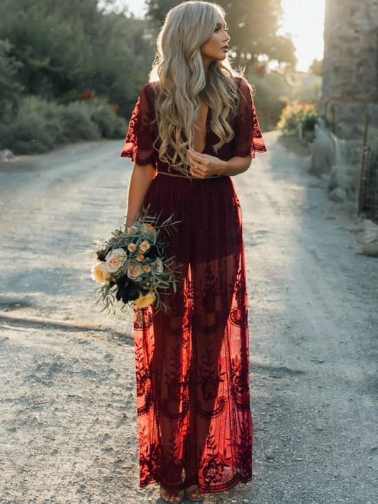 Pretty Sexy Lace Solid Color Short Sleeve Deep V Neck Side Split Maxi Dress
