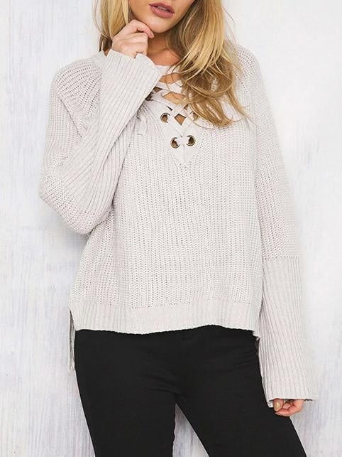 Asymmetric Solid Color V-Neck Lace-Up Loose Sweater Tops