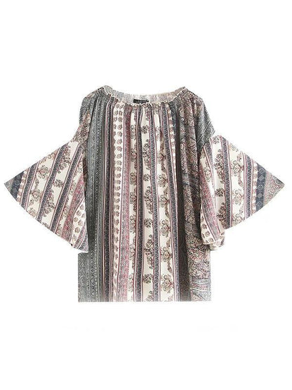 Printed Off-The-Shoulder Flared Sleeves Bohemia T-Shirt Tops