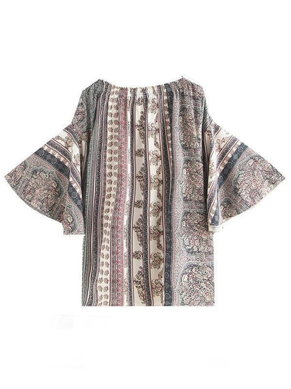 Printed Off-The-Shoulder Flared Sleeves Bohemia T-Shirt Tops